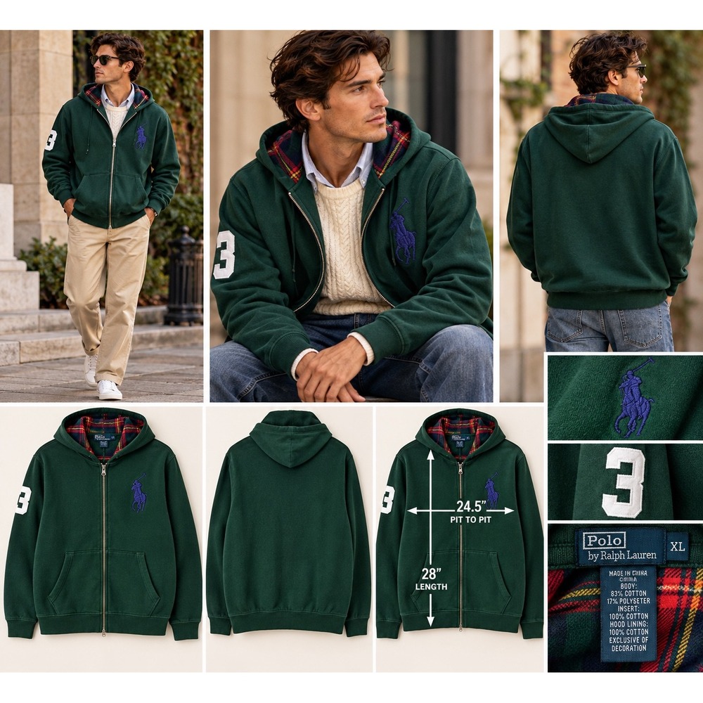 Polo Ralph Lauren XL Big Pony Hoodie Green Plaid Lined Full Zip Heritage Preppy